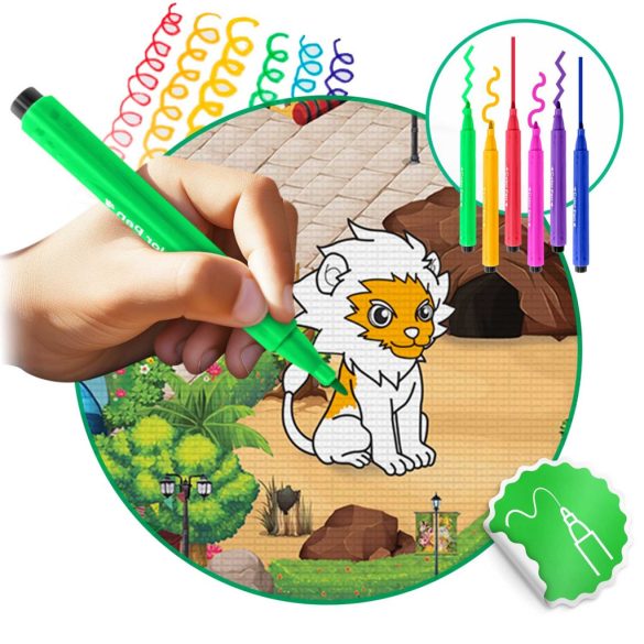 Játszószőnyeg, Ricokids RK-343, állatkerti jelenet, 120 x 92 cm, színezhető, letörölhető, vízálló, feltekerhető, EVA hab, 6 db lemosható filctoll készlettel, 0,3 cm vastag