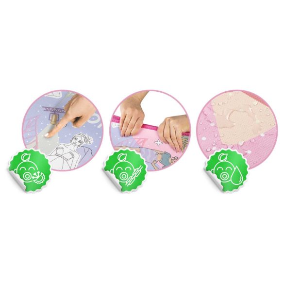 Játszószőnyeg, Ricokids RK-343, rózsaszín alap figurákkal, 120 x 92 cm, színezhető, letörölhető, vízálló, feltekerhető, EVA hab, 6 db lemosható filctoll készlettel, 0,3 cm vastag