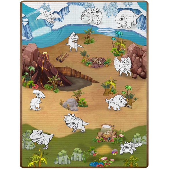 Játszószőnyeg, Ricokids RK-343, dinoszaurusz minták, 120 x 92 cm, színezhető, letörölhető, vízálló, feltekerhető, EVA hab, 6 db lemosható filctoll készlettel, 0,3 cm vastag