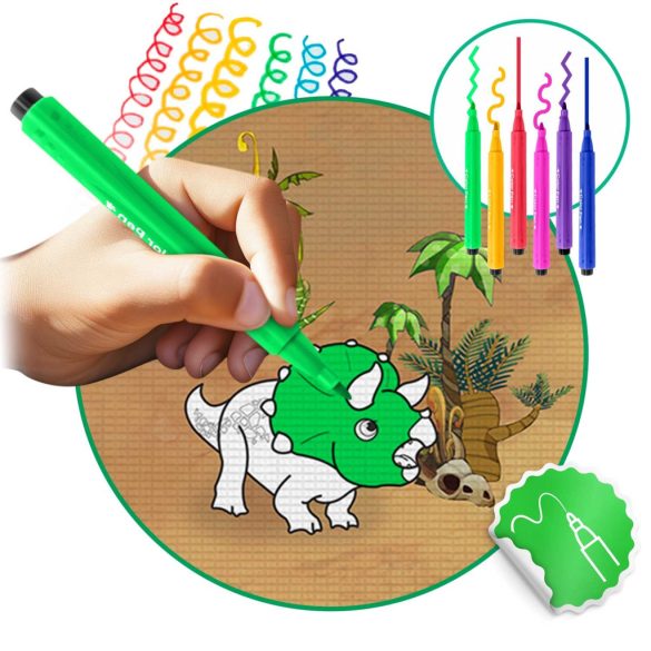 Játszószőnyeg, Ricokids RK-343, dinoszaurusz minták, 120 x 92 cm, színezhető, letörölhető, vízálló, feltekerhető, EVA hab, 6 db lemosható filctoll készlettel, 0,3 cm vastag