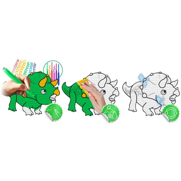 Játszószőnyeg, Ricokids RK-343, dinoszaurusz minták, 120 x 92 cm, színezhető, letörölhető, vízálló, feltekerhető, EVA hab, 6 db lemosható filctoll készlettel, 0,3 cm vastag