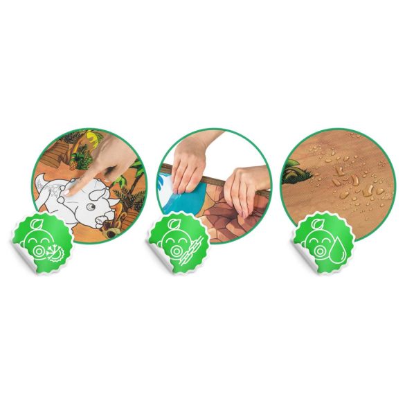 Játszószőnyeg, Ricokids RK-343, dinoszaurusz minták, 120 x 92 cm, színezhető, letörölhető, vízálló, feltekerhető, EVA hab, 6 db lemosható filctoll készlettel, 0,3 cm vastag