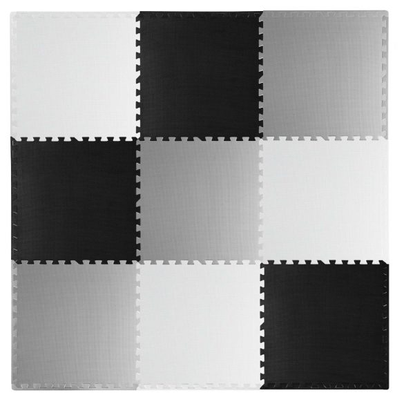 Játszószőnyeg, Ricokids 738230, fekete/fehér/szürke, 180 x 180 cm, 9 db-os kirakós szett, összeilleszthető elemek, vastagság: 1 cm, EVA hab