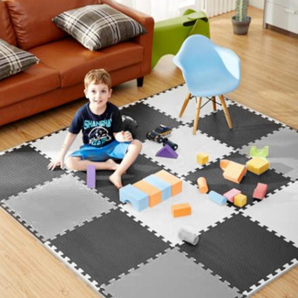 Játszószőnyeg, Ricokids 738230, fekete/fehér/szürke, 180 x 180 cm, 9 db-os kirakós szett, összeilleszthető elemek, vastagság: 1 cm, EVA hab