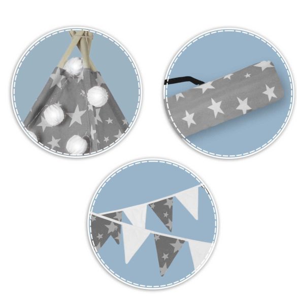 Gyereksátor, Nukido Tipi, fényfüzérrel, 120 x 120 x 165 cm, szürke, csillagmintás, fenyőfa rudak, 3 párna, stabilizátor, hordtáska