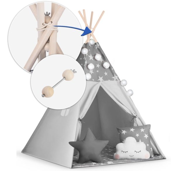 Gyereksátor, Nukido Tipi, fényfüzérrel, 120 x 120 x 165 cm, szürke, csillagmintás, fenyőfa rudak, 3 párna, stabilizátor, hordtáska