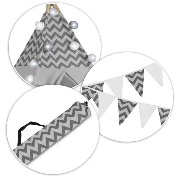 Gyereksátor, Nukido Tipi, fényfüzérrel, 120 x 120 x 165 cm, szürke, 175 g/m2 pamut, fenyőfa rudak, 3 párna és szigetelő szőnyeg, hordtáska