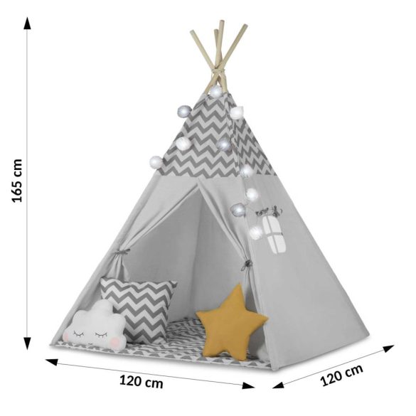 Gyereksátor, Nukido Tipi, fényfüzérrel, 120 x 120 x 165 cm, szürke, 175 g/m2 pamut, fenyőfa rudak, 3 párna és szigetelő szőnyeg, hordtáska