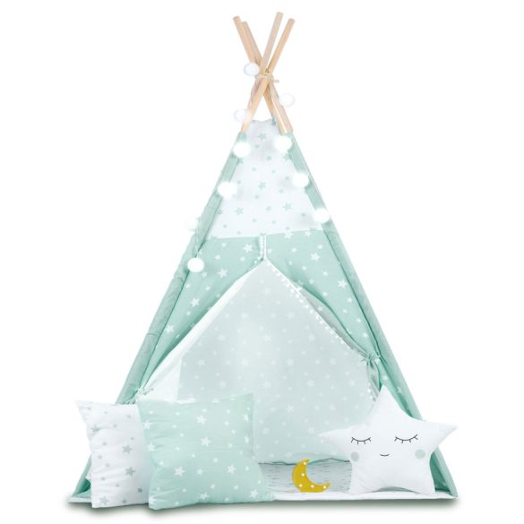 Gyereksátor, Nukido Tipi, fényfüzérrel, 120 × 120 × 165 cm, menta, csillagmintás, pamut, 3 párna, szigetelő szőnyeg, hordtáska
