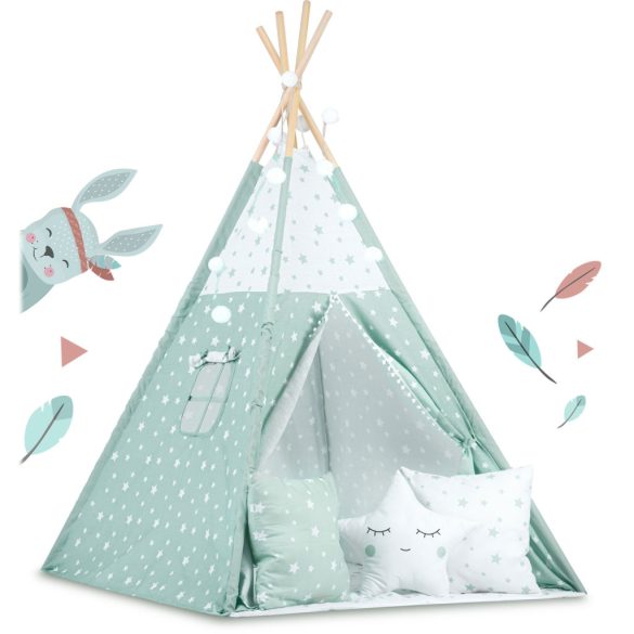 Gyereksátor, Nukido Tipi, fényfüzérrel, 120 × 120 × 165 cm, menta, csillagmintás, pamut, 3 párna, szigetelő szőnyeg, hordtáska