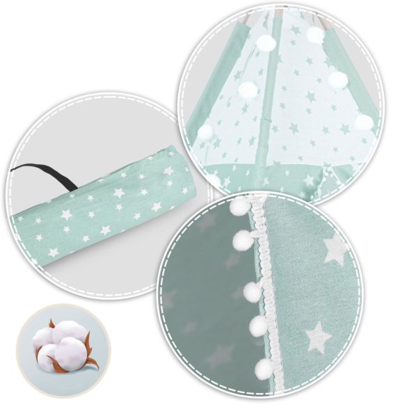 Gyereksátor, Nukido Tipi, fényfüzérrel, 120 × 120 × 165 cm, menta, csillagmintás, pamut, 3 párna, szigetelő szőnyeg, hordtáska