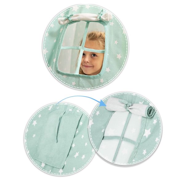 Gyereksátor, Nukido Tipi, fényfüzérrel, 120 × 120 × 165 cm, menta, csillagmintás, pamut, 3 párna, szigetelő szőnyeg, hordtáska