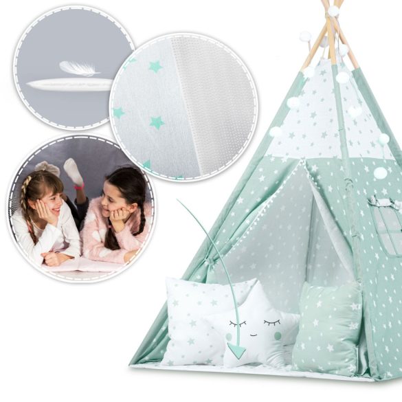 Gyereksátor, Nukido Tipi, fényfüzérrel, 120 × 120 × 165 cm, menta, csillagmintás, pamut, 3 párna, szigetelő szőnyeg, hordtáska