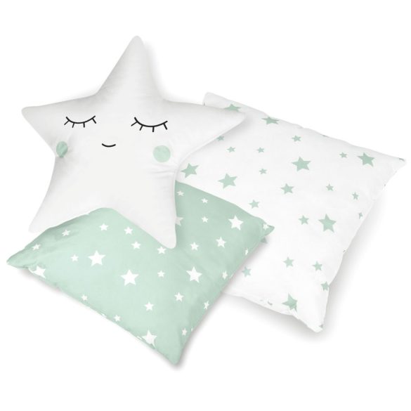 Gyereksátor, Nukido Tipi, fényfüzérrel, 120 × 120 × 165 cm, menta, csillagmintás, pamut, 3 párna, szigetelő szőnyeg, hordtáska