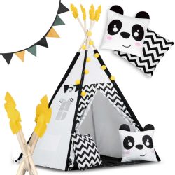   Gyereksátor, Nukido Tipi, Panda minta, 120 x 120 x 160 cm, fehér-fekete, girlanddal és fényfüzérrel, 2 párna, hőszigetelő szőnyeg