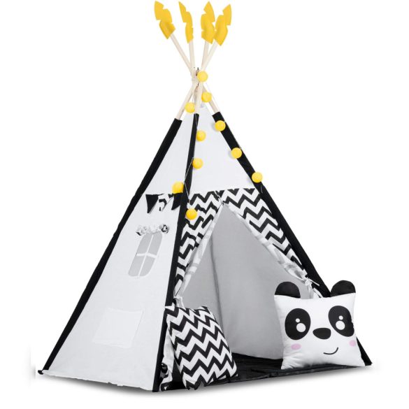 Gyereksátor, Nukido Tipi, Panda minta, 120 x 120 x 160 cm, fehér-fekete, girlanddal és fényfüzérrel, 2 párna, hőszigetelő szőnyeg