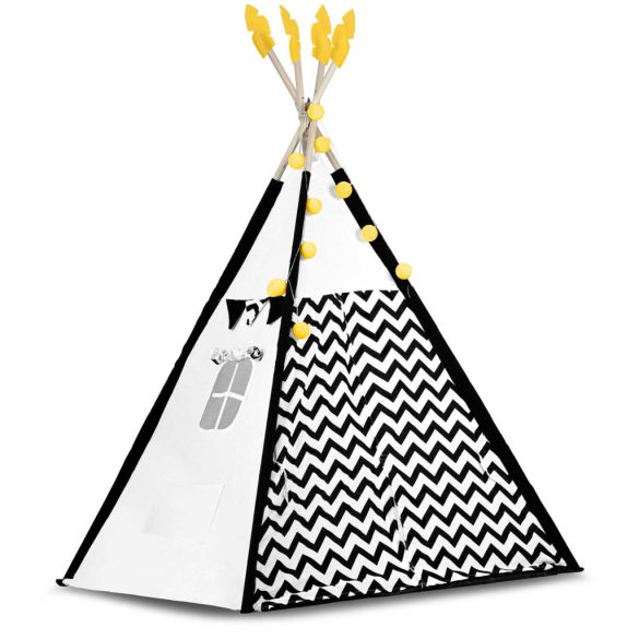 Gyereksátor, Nukido Tipi, Panda minta, 120 x 120 x 160 cm, fehér-fekete, girlanddal és fényfüzérrel, 2 párna, hőszigetelő szőnyeg