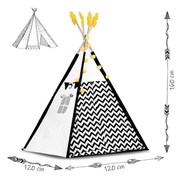 Gyereksátor, Nukido Tipi, Panda minta, 120 x 120 x 160 cm, fehér-fekete, girlanddal és fényfüzérrel, 2 párna, hőszigetelő szőnyeg