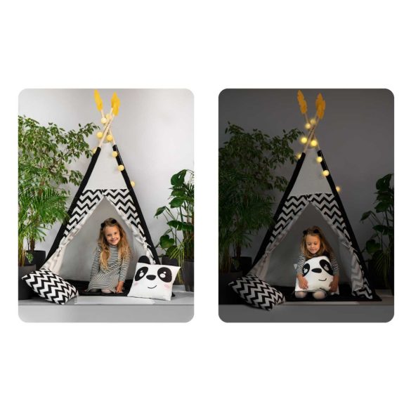Gyereksátor, Nukido Tipi, Panda minta, 120 x 120 x 160 cm, fehér-fekete, girlanddal és fényfüzérrel, 2 párna, hőszigetelő szőnyeg