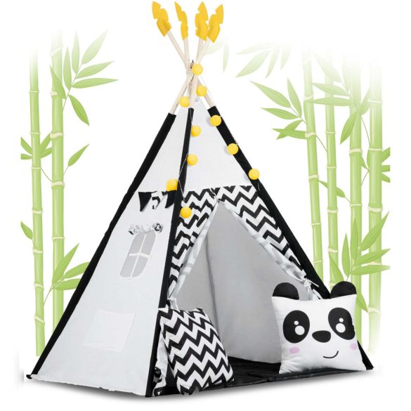 Gyereksátor, Nukido Tipi, Panda minta, 120 x 120 x 160 cm, fehér-fekete, girlanddal és fényfüzérrel, 2 párna, hőszigetelő szőnyeg