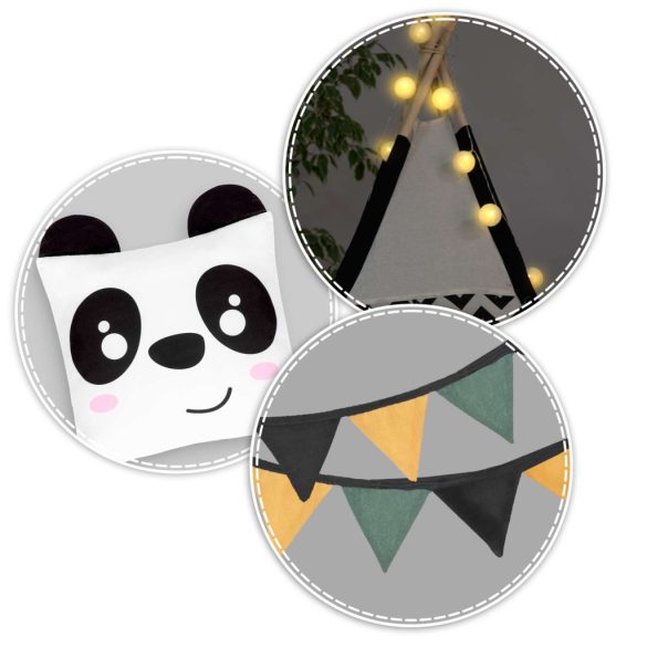 Gyereksátor, Nukido Tipi, Panda minta, 120 x 120 x 160 cm, fehér-fekete, girlanddal és fényfüzérrel, 2 párna, hőszigetelő szőnyeg