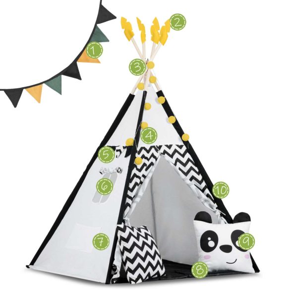 Gyereksátor, Nukido Tipi, Panda minta, 120 x 120 x 160 cm, fehér-fekete, girlanddal és fényfüzérrel, 2 párna, hőszigetelő szőnyeg