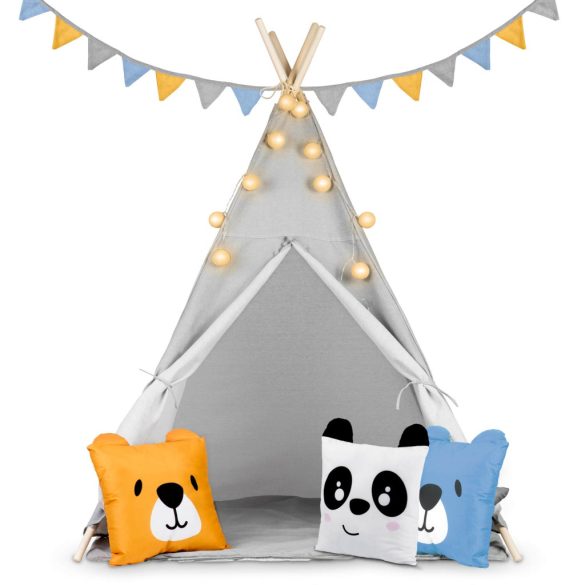 Gyereksátor, Nukido Tipi, fényfüzérrel, 120 x 120 x 165 cm, szürke, Montessori stílusú, pamut, fenyőfa rudak, 3 párna, szőnyeg