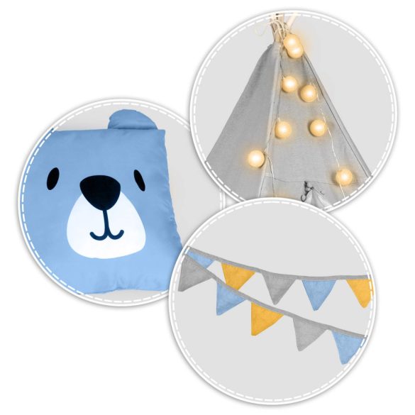 Gyereksátor, Nukido Tipi, fényfüzérrel, 120 x 120 x 165 cm, szürke, Montessori stílusú, pamut, fenyőfa rudak, 3 párna, szőnyeg