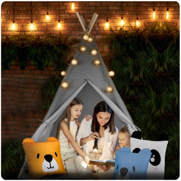 Gyereksátor, Nukido Tipi, fényfüzérrel, 120 x 120 x 165 cm, szürke, Montessori stílusú, pamut, fenyőfa rudak, 3 párna, szőnyeg