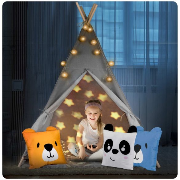 Gyereksátor, Nukido Tipi, fényfüzérrel, 120 x 120 x 165 cm, szürke, Montessori stílusú, pamut, fenyőfa rudak, 3 párna, szőnyeg