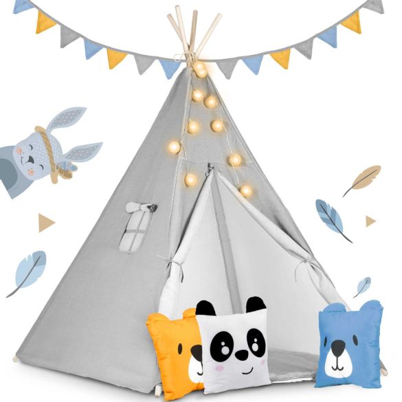 Gyereksátor, Nukido Tipi, fényfüzérrel, 120 x 120 x 165 cm, szürke, Montessori stílusú, pamut, fenyőfa rudak, 3 párna, szőnyeg