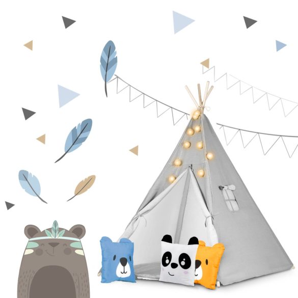 Gyereksátor, Nukido Tipi, fényfüzérrel, 120 x 120 x 165 cm, szürke, Montessori stílusú, pamut, fenyőfa rudak, 3 párna, szőnyeg