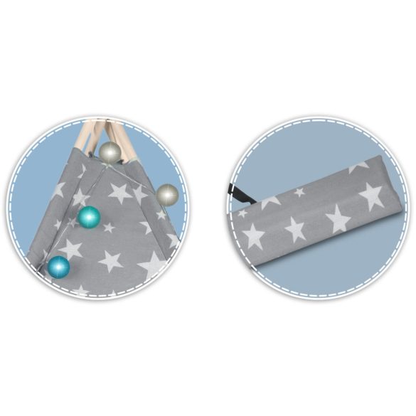 Gyereksátor, Nukido Tipi, fényfüzérrel, 120 x 120 x 165 cm, szürke, csillagmintás, pamut, 2 párnával, varrott padlóval, stabilizátorral