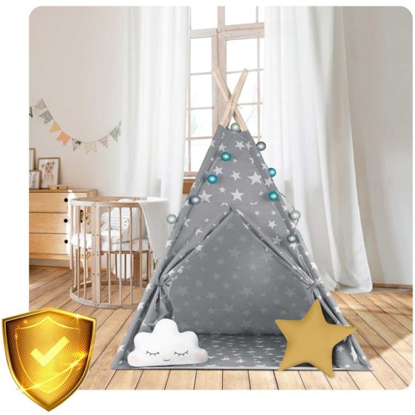 Gyereksátor, Nukido Tipi, fényfüzérrel, 120 x 120 x 165 cm, szürke, csillagmintás, pamut, 2 párnával, varrott padlóval, stabilizátorral