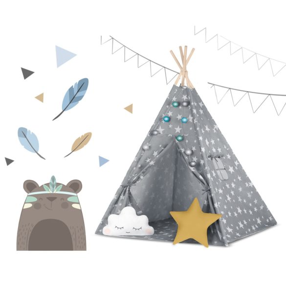 Gyereksátor, Nukido Tipi, fényfüzérrel, 120 x 120 x 165 cm, szürke, csillagmintás, pamut, 2 párnával, varrott padlóval, stabilizátorral