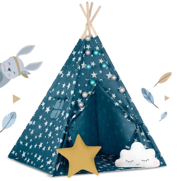 Gyereksátor, Nukido Tipi, fényfüzérrel, 120 x 120 x 165 cm, kék, 175 g/m2 pamut, 2 párna, varrott padló, hordtáska