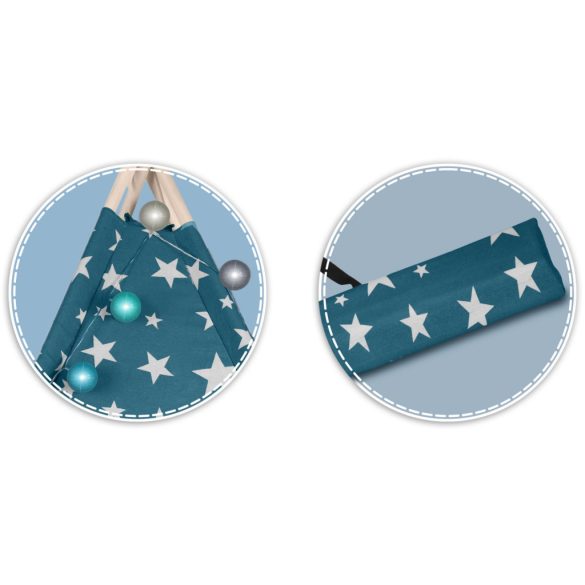 Gyereksátor, Nukido Tipi, fényfüzérrel, 120 x 120 x 165 cm, kék, 175 g/m2 pamut, 2 párna, varrott padló, hordtáska