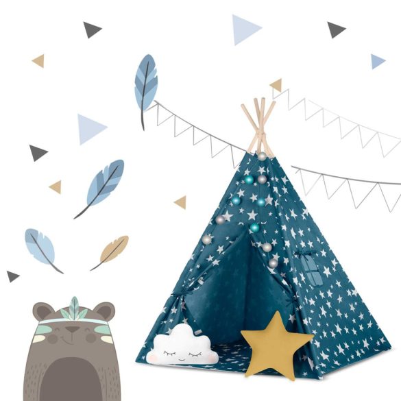 Gyereksátor, Nukido Tipi, fényfüzérrel, 120 x 120 x 165 cm, kék, 175 g/m2 pamut, 2 párna, varrott padló, hordtáska