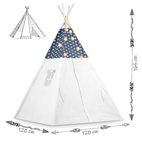Gyereksátor, Nukido Tipi, fényfüzérrel, 120 x 120 x 165 cm, sötétkék, prémium pamut, fenyőfa rudak, 3 párna, vastag szigetelő matrac
