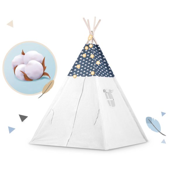 Gyereksátor, Nukido Tipi, fényfüzérrel, 120 x 120 x 165 cm, sötétkék, prémium pamut, fenyőfa rudak, 3 párna, vastag szigetelő matrac