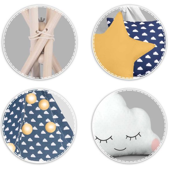 Gyereksátor, Nukido Tipi, fényfüzérrel, 120 x 120 x 165 cm, sötétkék, prémium pamut, fenyőfa rudak, 3 párna, vastag szigetelő matrac