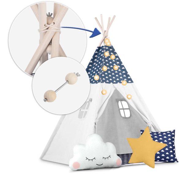 Gyereksátor, Nukido Tipi, fényfüzérrel, 120 x 120 x 165 cm, sötétkék, prémium pamut, fenyőfa rudak, 3 párna, vastag szigetelő matrac