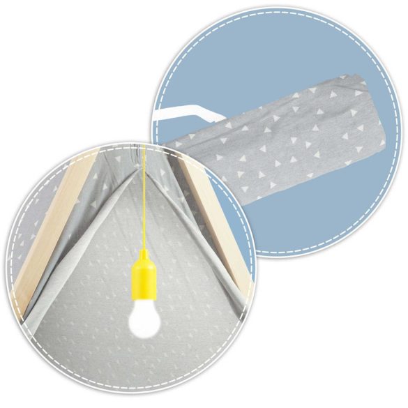 Gyereksátor, Nukido Tipi, lámpával, 116 × 107 × 110 cm, szürke, pamut, fenyőfa rudak, 2 párna és vastag matrac, hordtáska