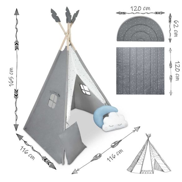 Gyereksátor, Nukido NK-406 Tipi, 116 x 116 x 165 cm, szürke, 3 párna, vastag csúszásgátlós matrac, stabilizátor, fenyőfa rudak