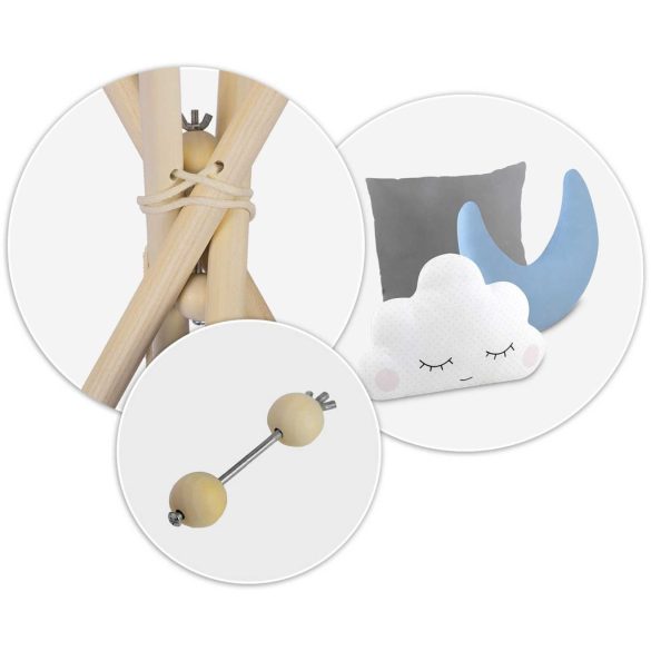 Gyereksátor, Nukido NK-406 Tipi, 116 x 116 x 165 cm, szürke, 3 párna, vastag csúszásgátlós matrac, stabilizátor, fenyőfa rudak