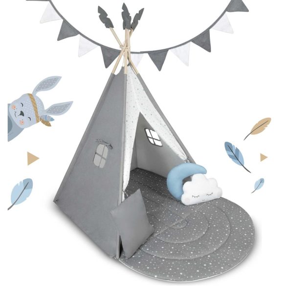 Gyereksátor, Nukido NK-406 Tipi, 116 x 116 x 165 cm, szürke, 3 párna, vastag csúszásgátlós matrac, stabilizátor, fenyőfa rudak