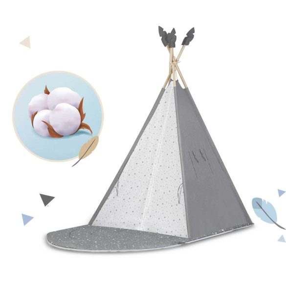 Gyereksátor, Nukido NK-406 Tipi, 116 x 116 x 165 cm, szürke, 3 párna, vastag csúszásgátlós matrac, stabilizátor, fenyőfa rudak