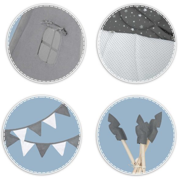 Gyereksátor, Nukido NK-406 Tipi, 116 x 116 x 165 cm, szürke, 3 párna, vastag csúszásgátlós matrac, stabilizátor, fenyőfa rudak