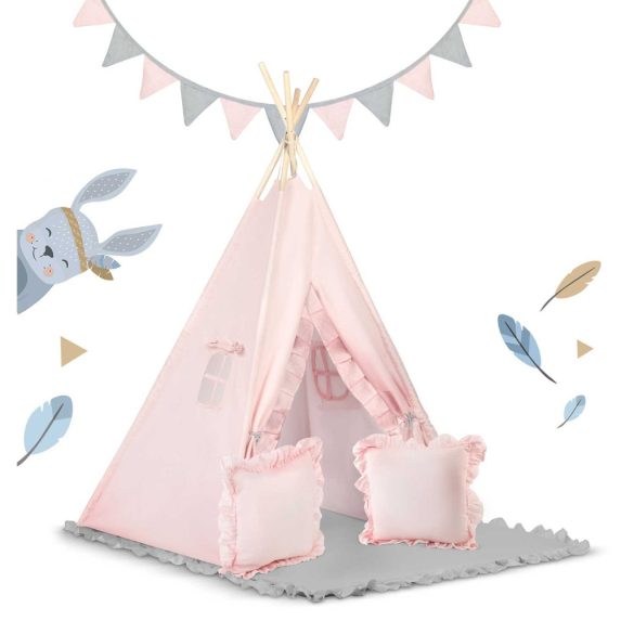 Gyereksátor, Nukido NK-406 Tipi, 116 x 116 x 165 cm, rózsaszín, 2 párna, vastag csúszásgátlós matrac, stabilizátor, fenyőfa rudak