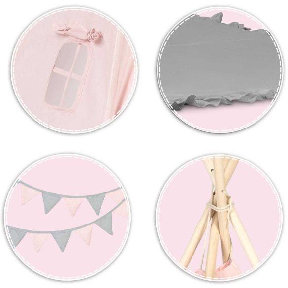 Gyereksátor, Nukido NK-406 Tipi, 116 x 116 x 165 cm, rózsaszín, 2 párna, vastag csúszásgátlós matrac, stabilizátor, fenyőfa rudak